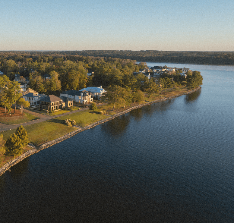 Bird's eye view of The Town of Lost Rabbit's shoreline along the Ross Barnett Reservoir.