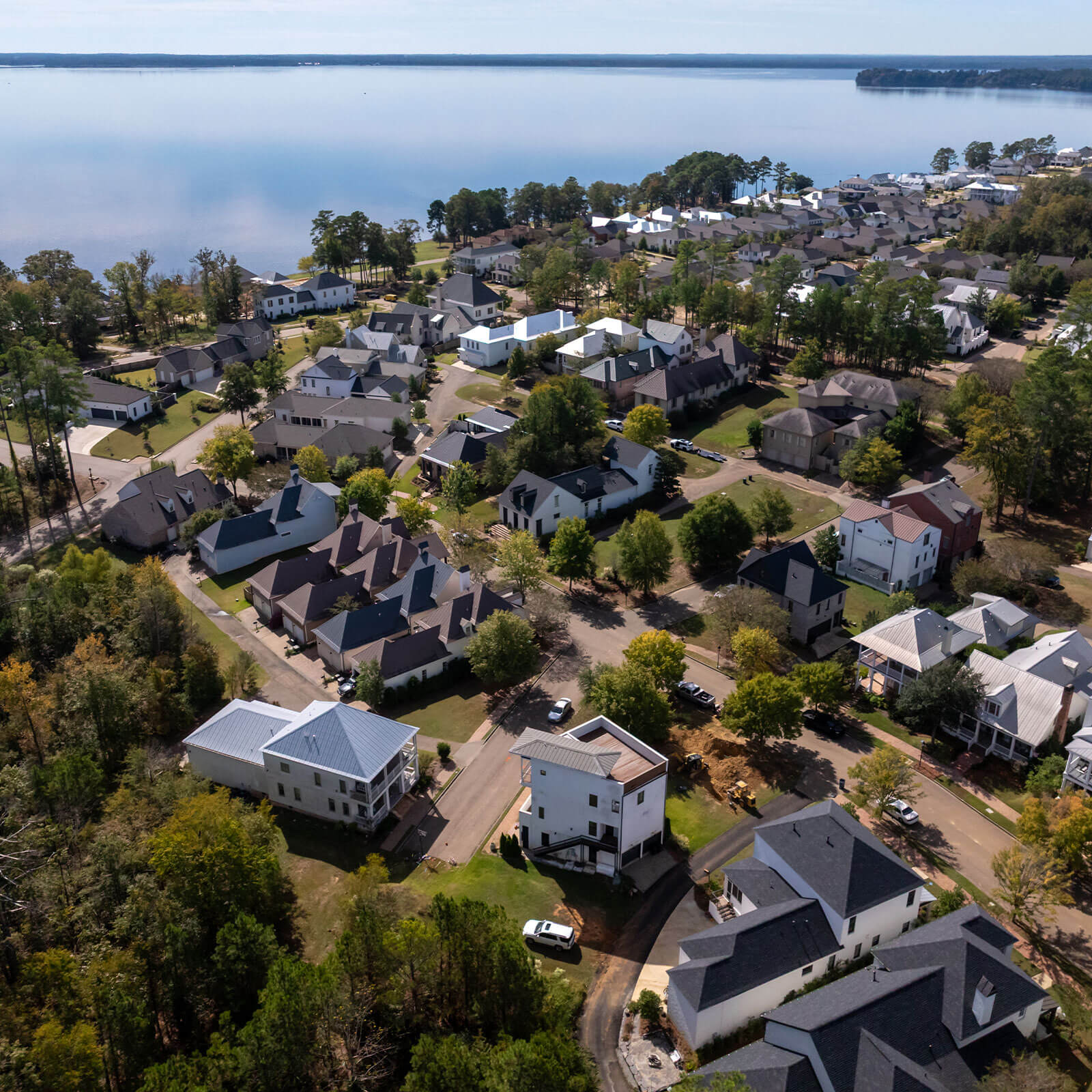 Bird's eye view of The Town of Lost Rabbit along the Ross Barnett Reservoir.
